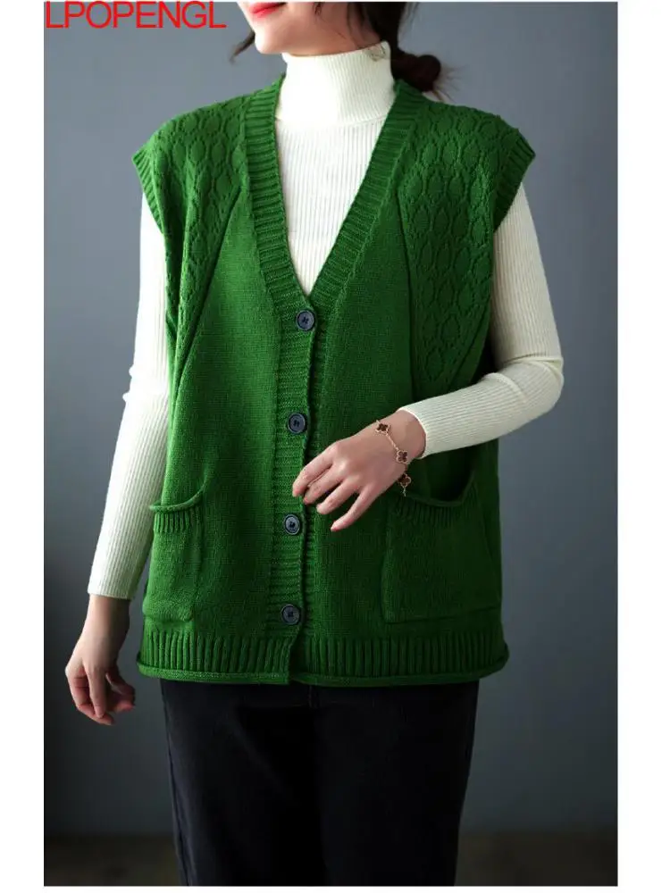 

Autumn And Winter Sweater Women's Versatile Sleeveless Solid V-neck Pocket Cardigan Vest Knit Vintage Jacket Loose-fitting Top