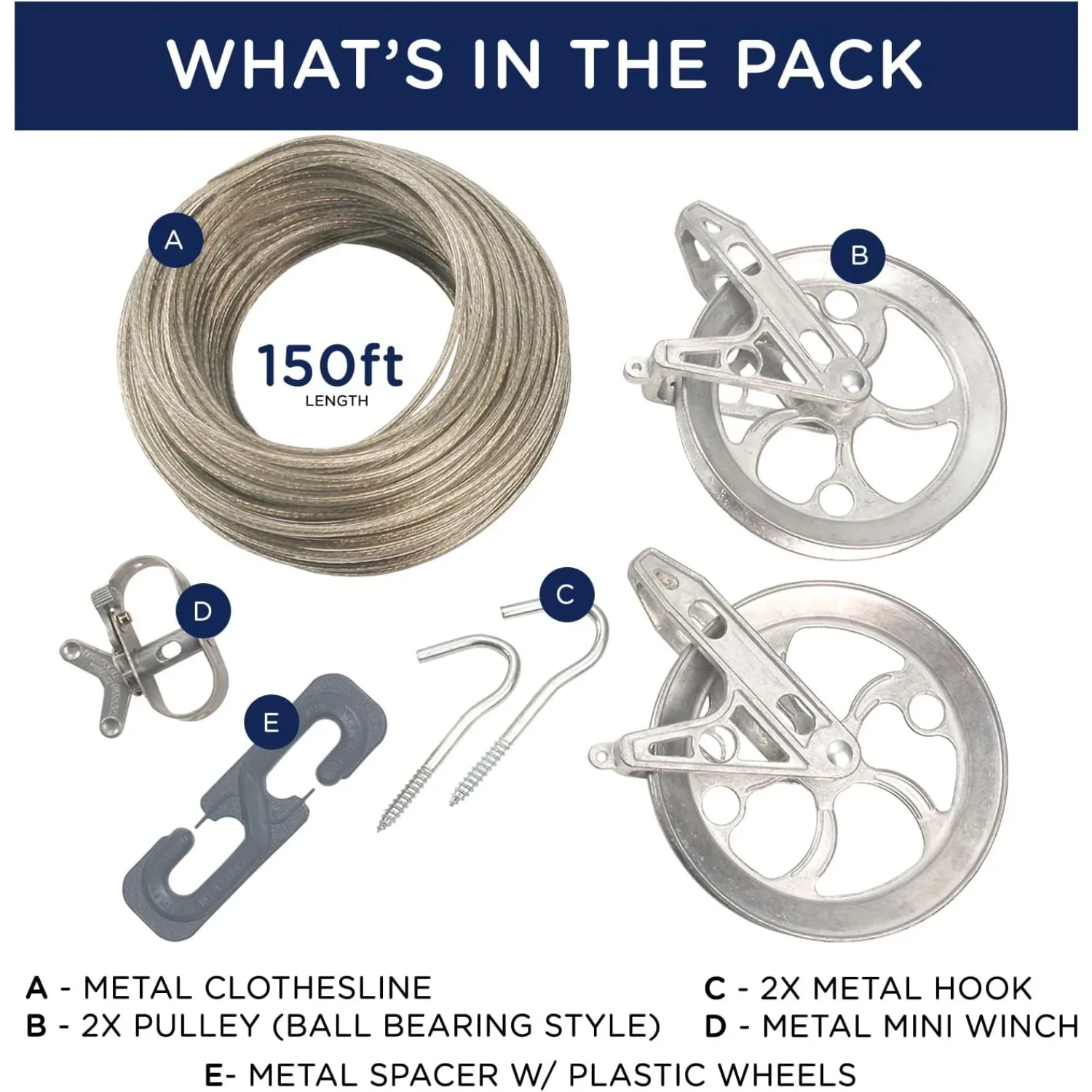 Clothesline Outdoor Heavy Duty Kit - 150 Feet Galvanized Wire Gold PVC Coating, 6.5" Clothesline Pulley 2pcs 2