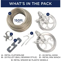 Clothesline Outdoor Heavy Duty Kit - 150 Feet Galvanized Wire Gold PVC Coating, 6.5" Clothesline Pulley 2pcs 2