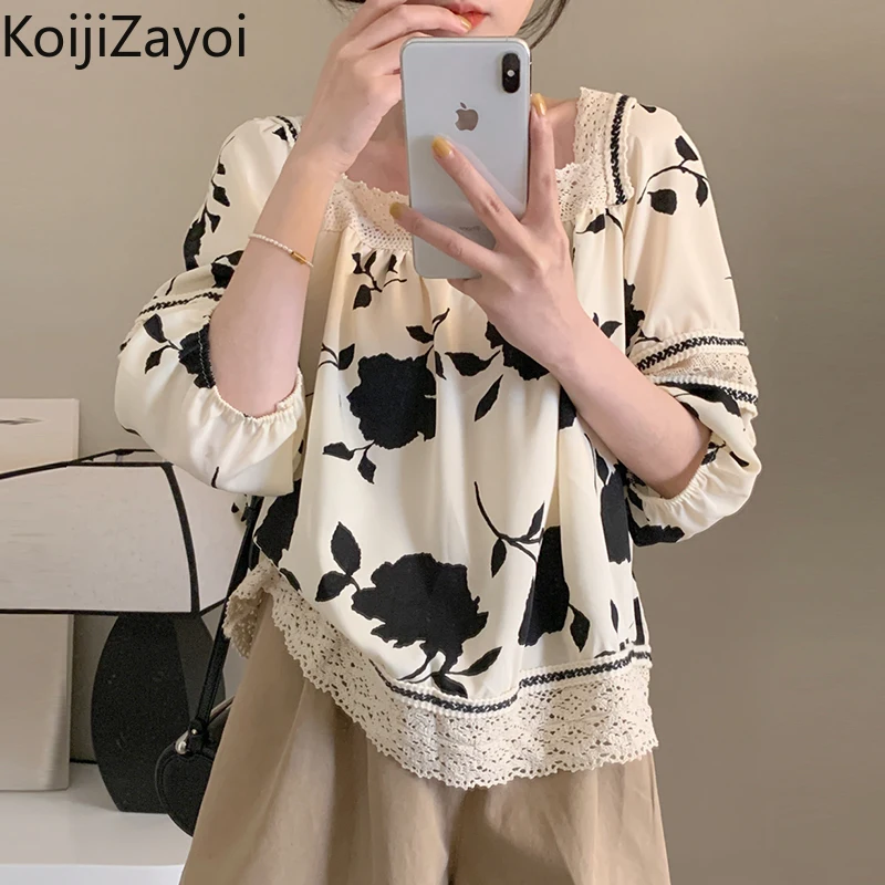 

Koijizayoi Retro Women Flower Loose Blouse Lace Fashion Summer Chiffon Shirt Office Lady Casual Chic Korean Blusas Dropship Tops