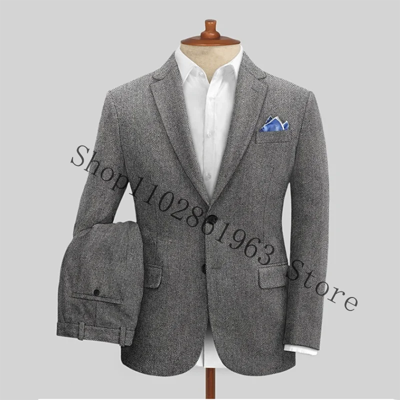 Men's Suits Herringbone Slim Fit Blazer 2 Piece Suits Formal Wedding Groom Outfit Best Men Jacket Pants Trajes De Hombre
