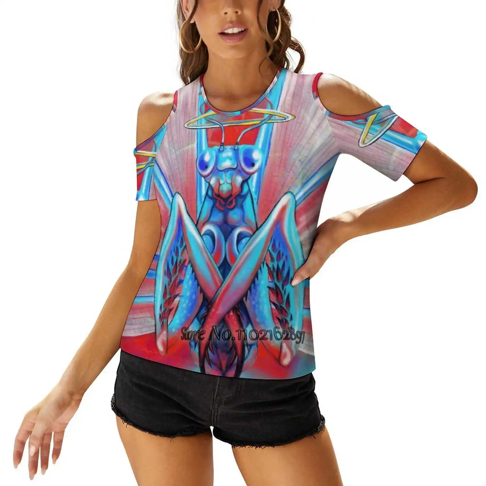 Maglietta Sexy Mantis In Preghiera Magliette Casual Pullover Donna Top Back Allacciatura Magliette In Preghiera Mantis Mantis Bug Insetto Fiore Pianta