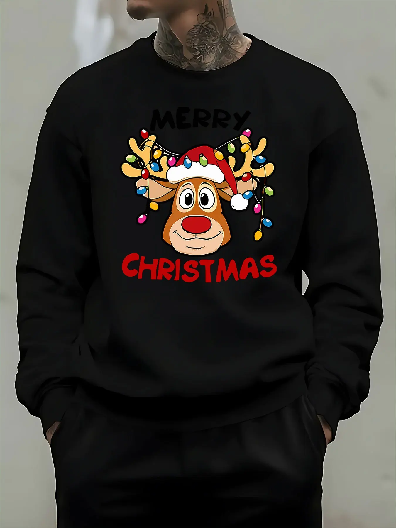 Men's Christmas Sweater with Rudolph & Sleigh - Red & White Pullover, Loose-Fit Casual Long Sleeve