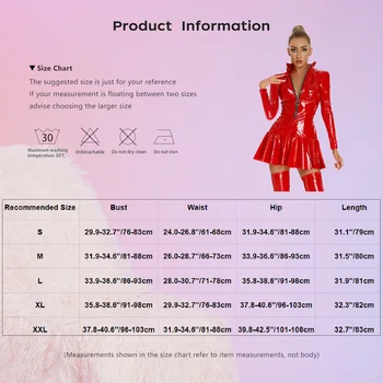 Long Sleeve Women's PVC Leather Zipper Mini Dress Clubwear Wet Look Stand Collar Ruffle A-line Dresses Rave Dance Party Costumes 6
