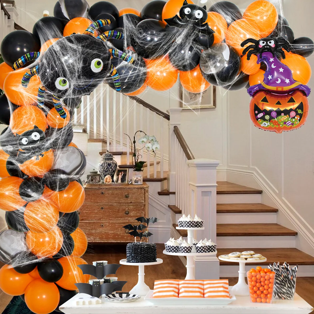 

Halloween Garland Arch Kit Bat Spider Skeleton Foil Balloons Halloween Party Background Home Decor Black Orange Latex Globos