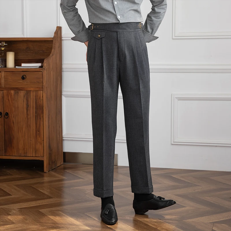 Mr. Deer San Early Autumn Gurkha High Waist Straight Pants Retro Petty High Texture Double Pleated Casual Pants Trendy Men 6