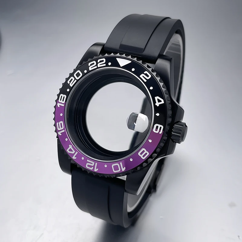 All-Black Sub Style Watch Case with Rubber Strap and Sapphire Crystal