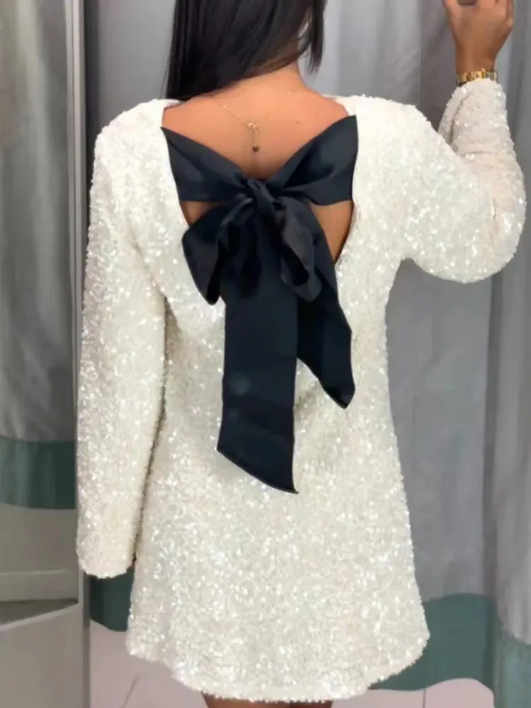 

Autumn Fashion Bow Sequins Mini Women's Dress 2023 Casual Long Sleeve Loose O Neck Birthday Party Short Dresses