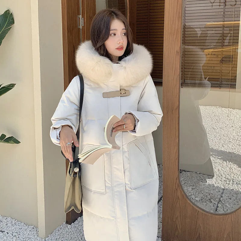 Single Row Leather Buckle Down Jacket for Women Mid Length Knee Length Fox Fur Collar Winter Coat 2021 new winter imitation fur coat fashion cardigan mid length windbreaker leopard print jacket women turn down collar slim