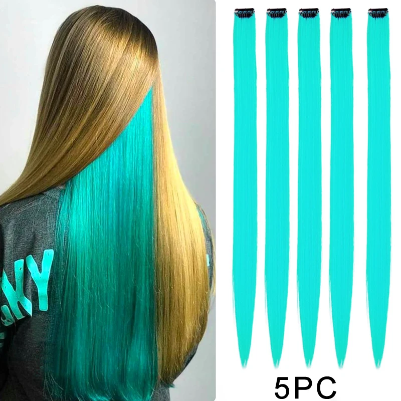 5 упаковок цветных удлинителей волос, прямые радужные шиньоны, блестящие синтетические шиньоны с длиной 22 дюйма