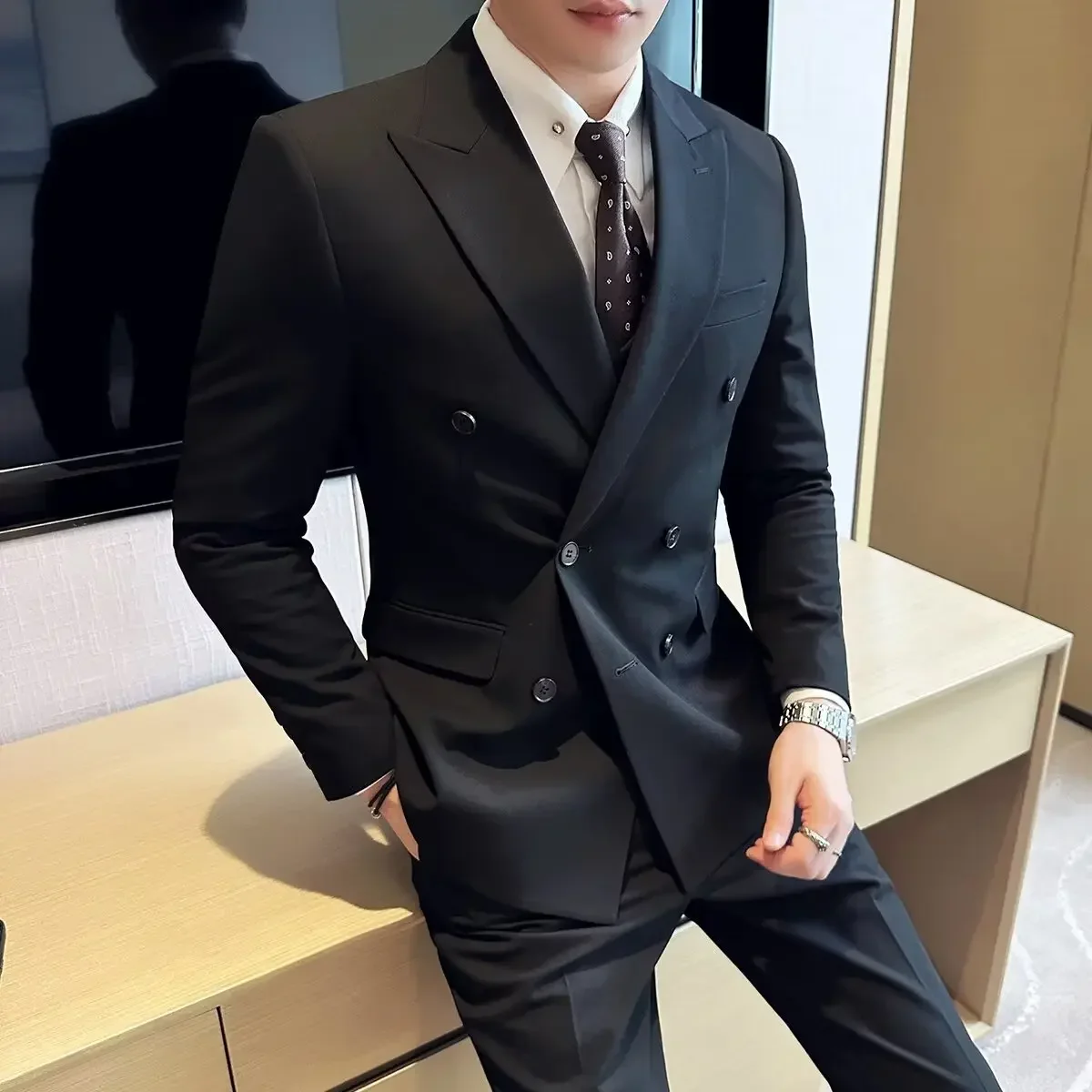 Men Suits Jackets British Style Trendy Men's Blazer Black Double Breasted Slim Fit Suit Jacket Formal Business Office Groom Wedding Dress S-5XL