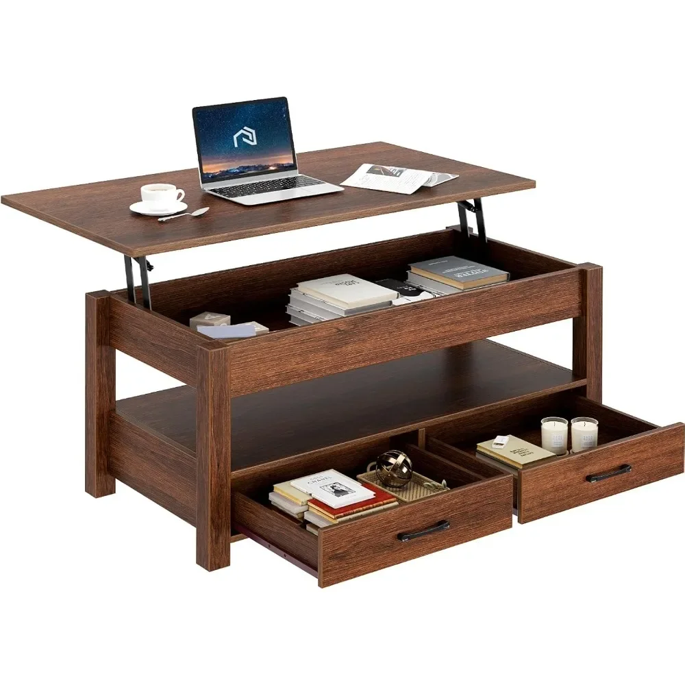 Coffee Table Lift Top Coffee Tables with Drawers and Hidden Compartment Retro Central Tables with Wooden Lift Tabletop