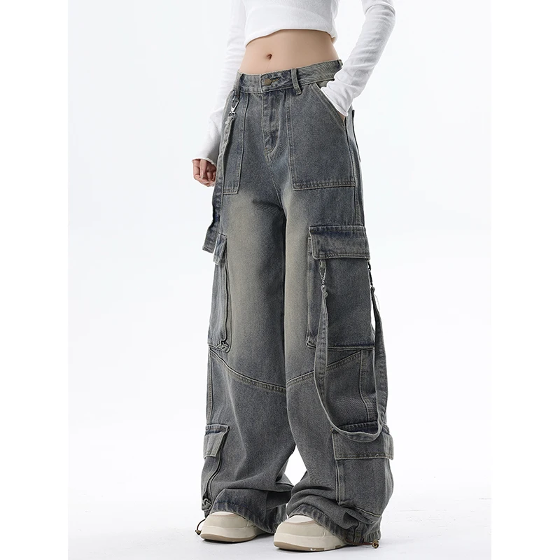 Women Blue Jeans Cargo Pants Streetwear High Waist American Wide