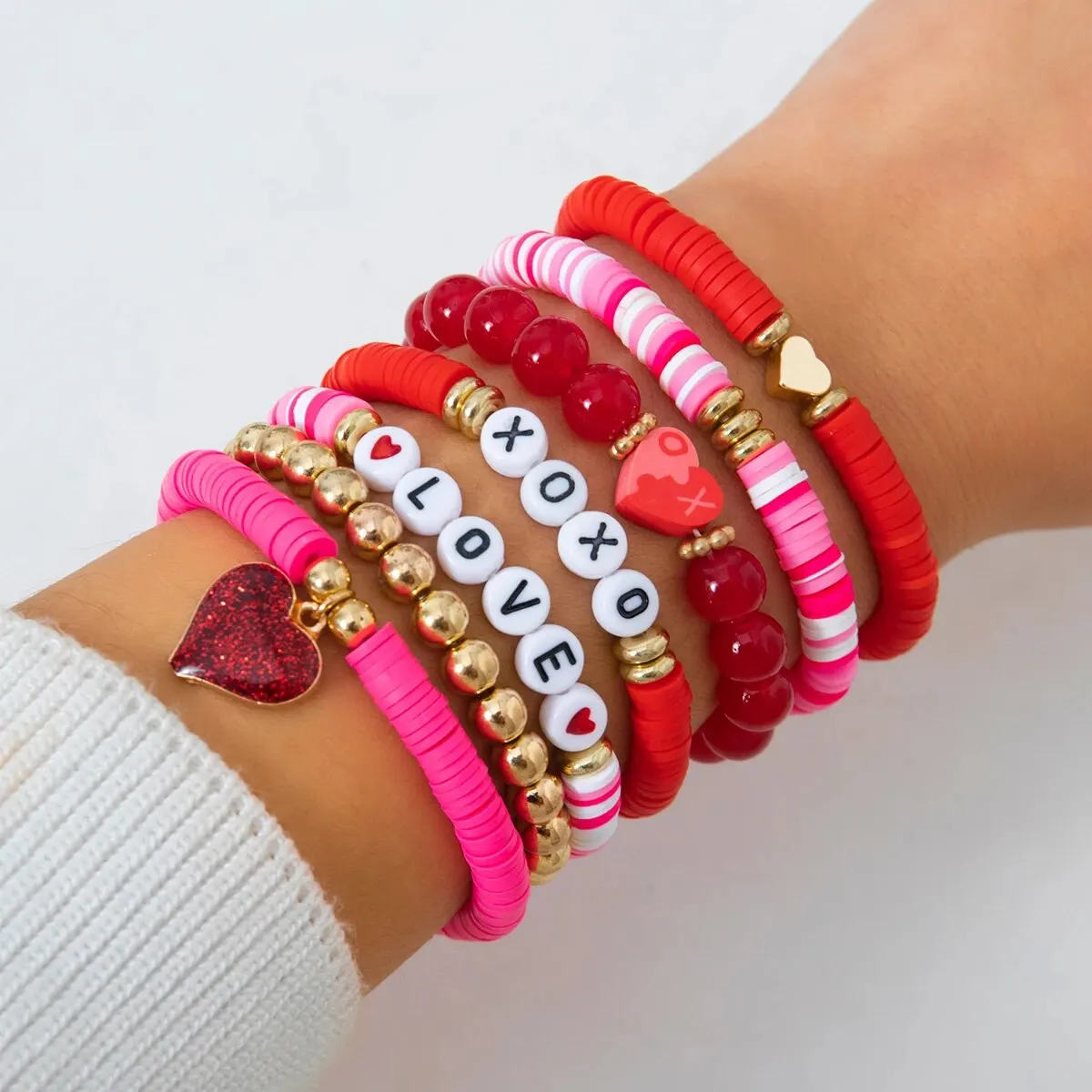 7Pcs/Set Romantic Love Heart Pendant Bracelets for Women Cute Trendy Pink Beaded Couples Bangles Valentine's Day Jewelry Gifts