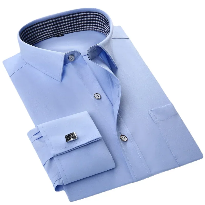 Long Sleeve Shirt French Cufflinks Men's Tuxedo Male Brand Slim Fit White Button Cuff Social Dress