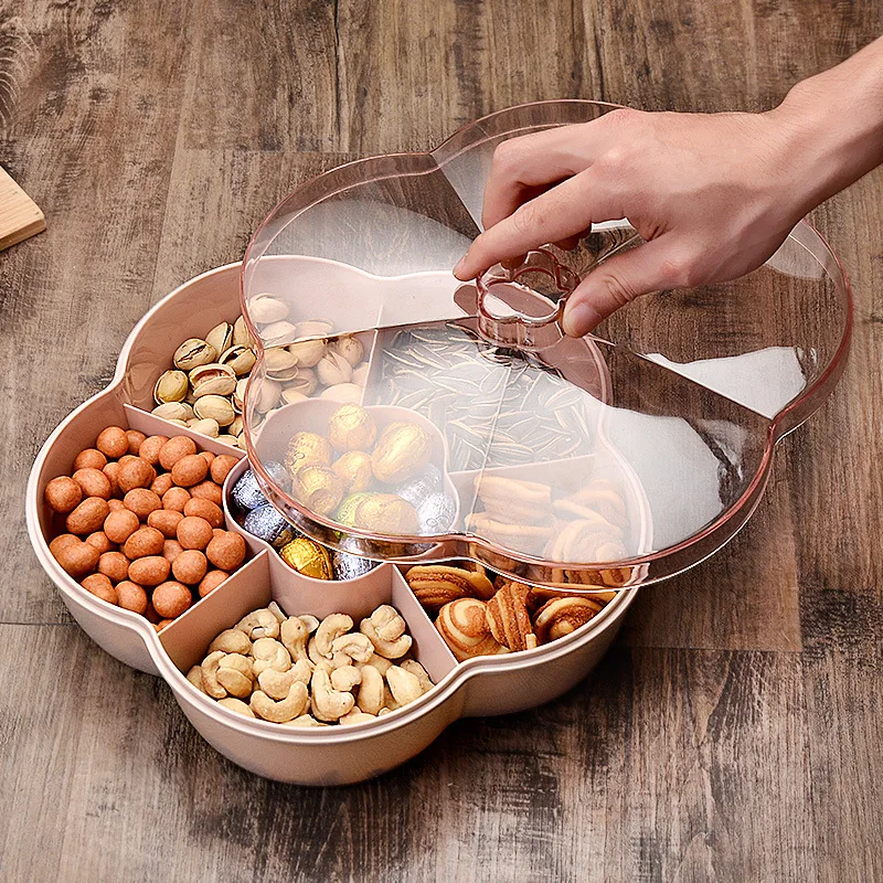 Cabilock Snack Box With Lid – 9.7x9.7 Inch Red Plastic Tray, Multi-Compartment For Candy & Nuts
