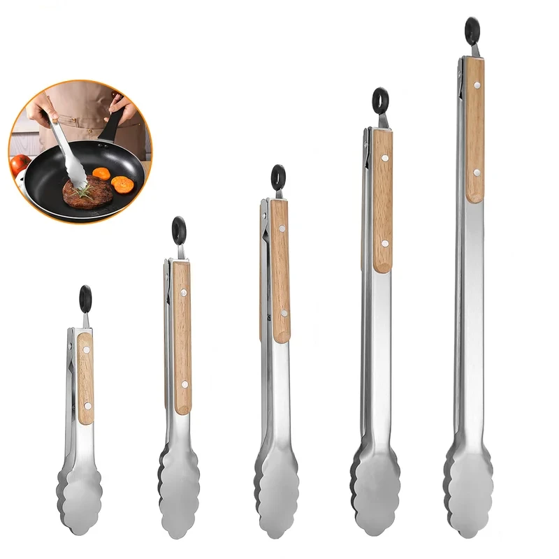 Leeseph Stainless Steel Food Tongs, Heavy Duty Kitchen Tongs with Wooden Handle for Cooking, Grilling and BBQ, 7-16 Inch Length Leeseph Stainless Steel Food Tongs, Heavy Duty Kitchen Tongs with Wooden Handle for Cooking, Grilling and BBQ, 7-16 Inch Length