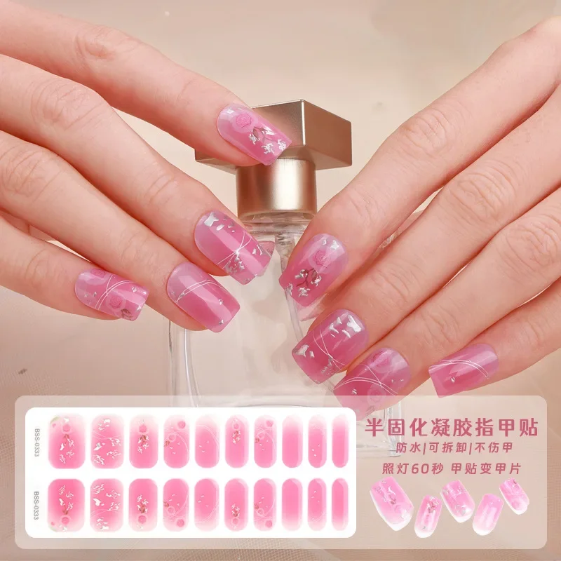 20Tips Lamp Hardening Gel Nail Sticker French Scallion Powder Imitation Drill UV Half Roasted Nail Products Decorations