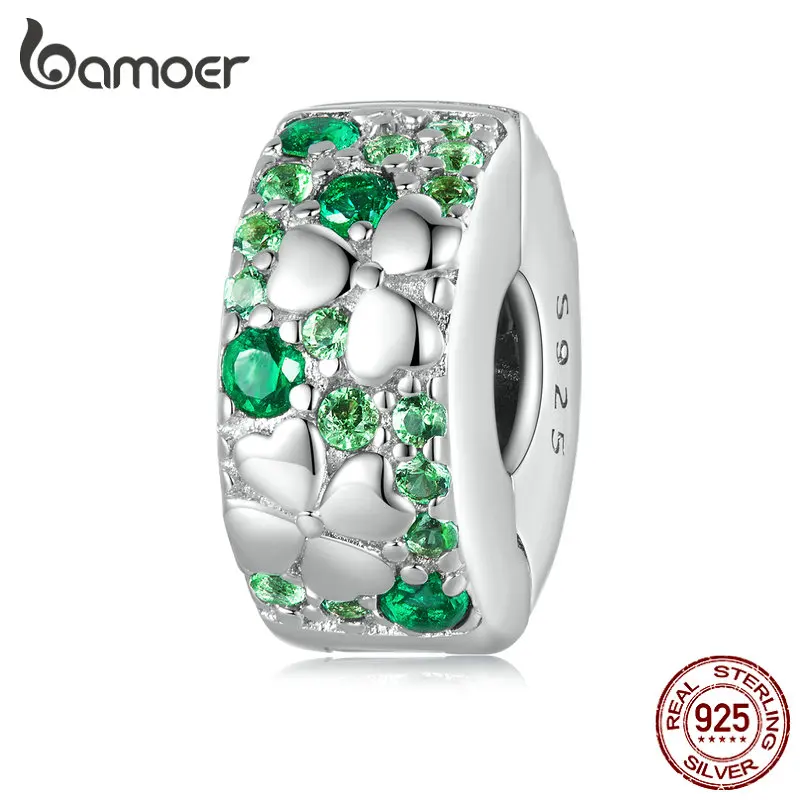 

Bamoer 925 Sterling Silver Green Zircon Four-leaf-clover Beads Lucky Beads Round Clip Charms for Women Bracelet DIY BSC678