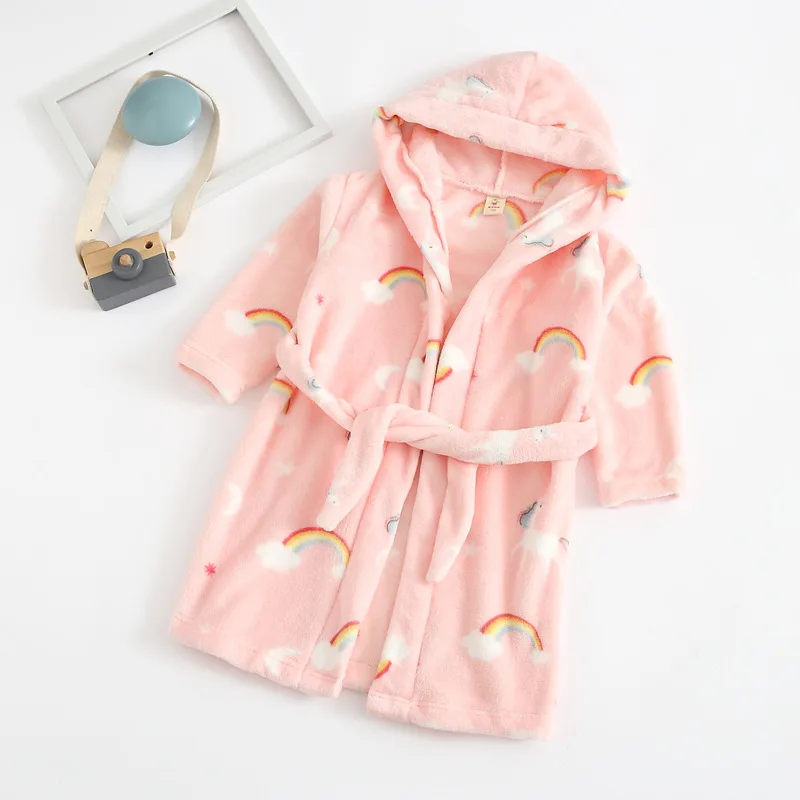 Soft Boys Girls Sleepwear Robe Autumn Winter Children Flannel Bathrobe Pajamas Fleece Cartoon Homewear 2-14 Years