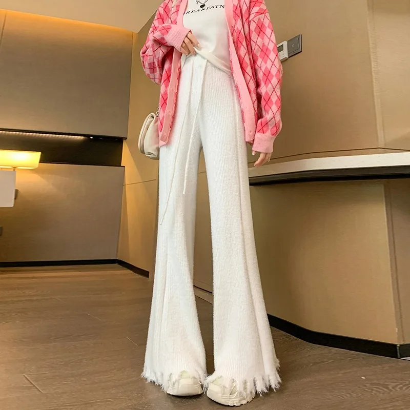 

Solid Color Imitation Mink Velvet Knitted Wide-leg Pants Women's Fall Winter Drape Tassel Micro-lapped Pants Thin Mopping Pants