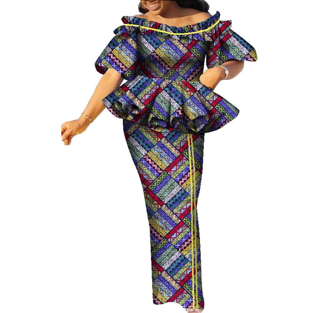 African Women 2pcs Suits Set Dashiki Women Skirt Set Wax Print Patchwork Ankara Long Sleeve Top Skirt Set Party Clothing WY9021
