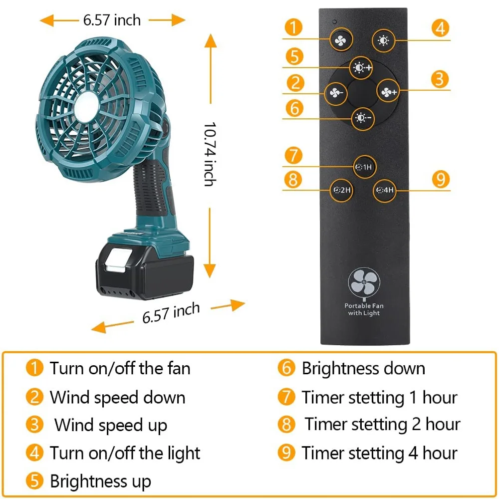 LED 조명 다기능 야외 팬 마키타 18V 무선 팬, 접이식 후크 원격 제어 캠핑 팬