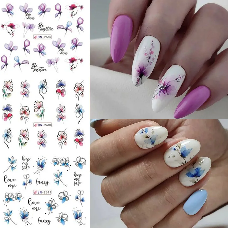 12 PCs Nail Sticker Set Spring Summer Water Decal Nail Art Ink Flowers Leaves Graffiti Slider for Nail Decoration Foils Tattoo 3