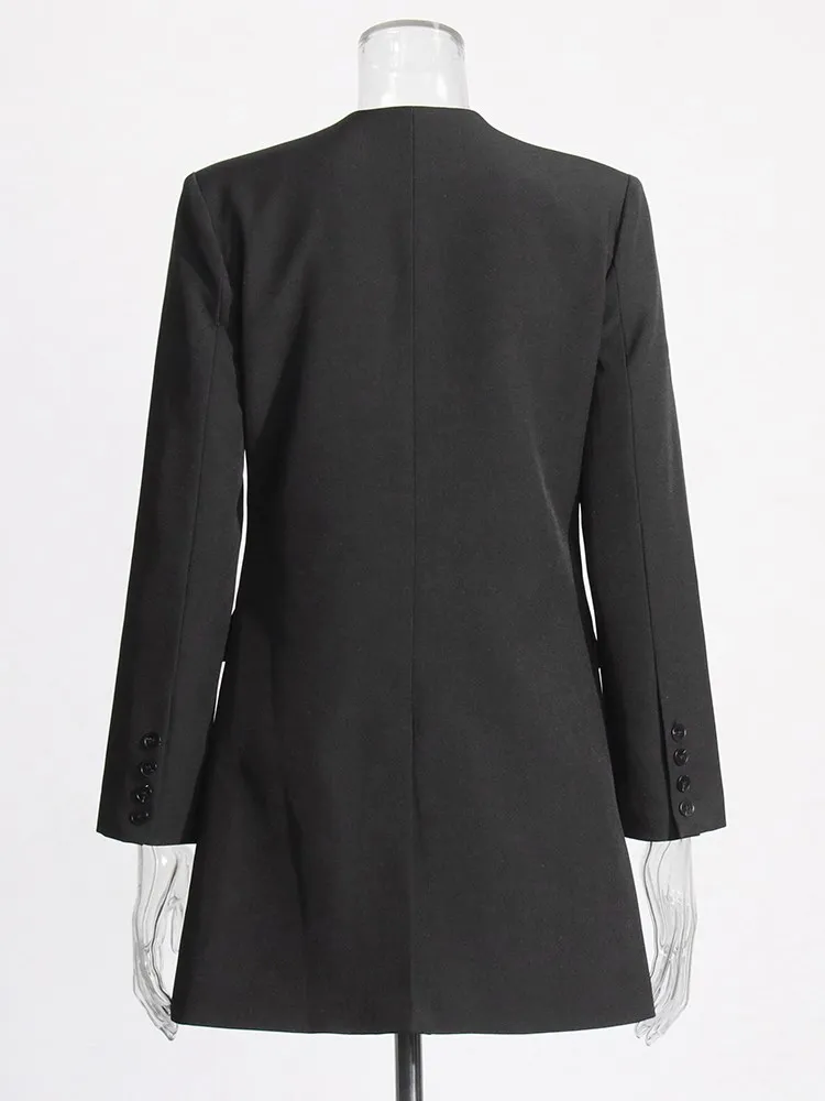 KBQ Temperament Tunic Folds Black Blazer For Women V Neck Long Sleeve Patchwork Single Breasted Chic Blazers Female Clothing New