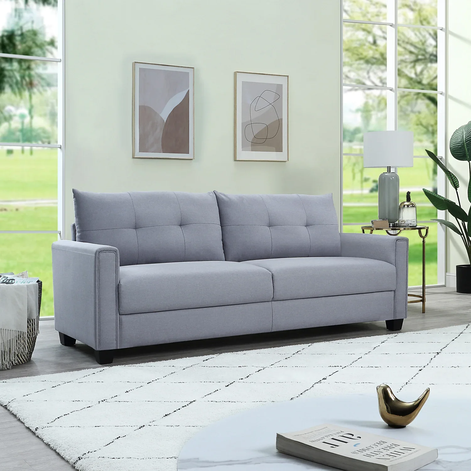 

Light Grey Linen Fabric Upholstery Sofa with Tufted Cushions for Easy Assembly