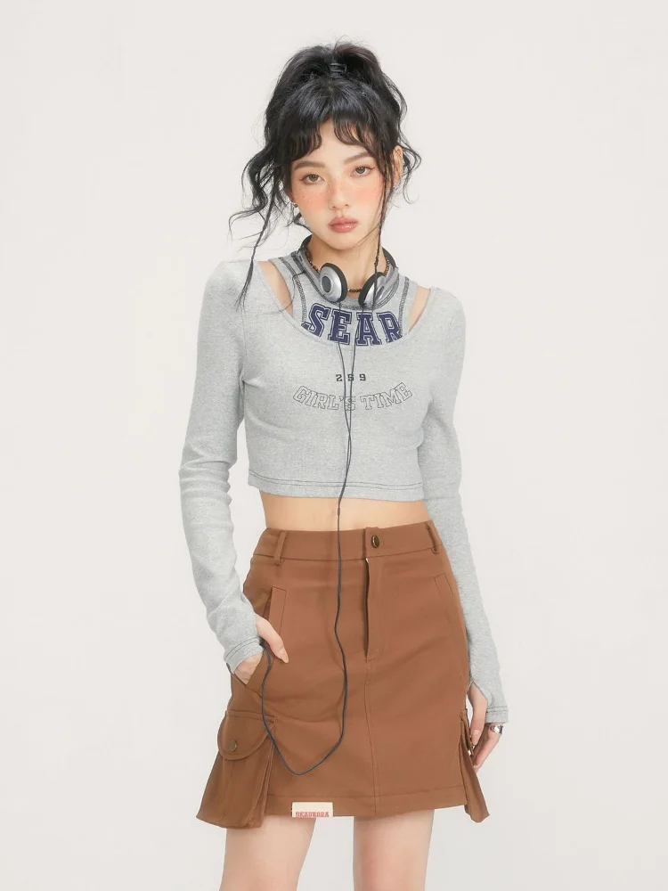 

HOUZHOU Y2K Vintage Gray Tshirts Women Egirl Aesthetic Streetwear Slim Long Sleeve Crop Tops Female Kpop Letter Print Tee Retro