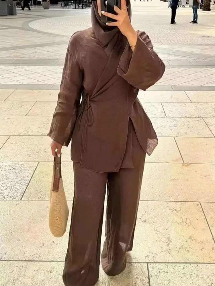 HH Pajama Style Pants Sets Women Fashion Kimono Style Lace Up Shirt Top Elastic Waist Trousers Women's Casual Outfits