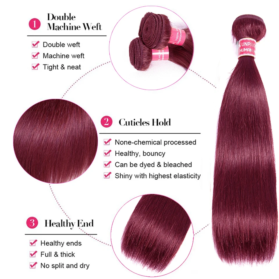 Human Hair Bundles 99J Straight With 4x4 Closure Reddish Brown Burgundy