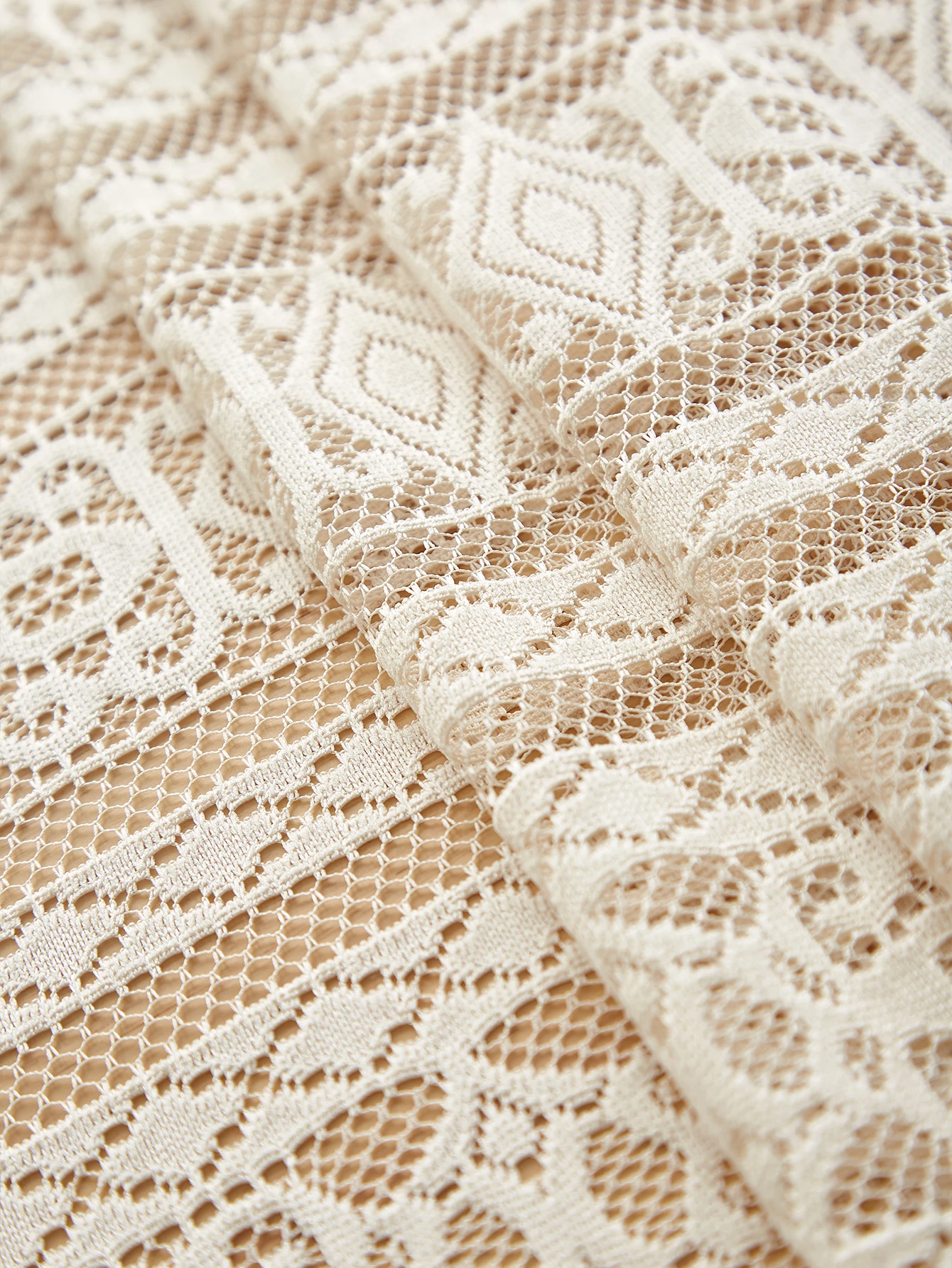 Beige Lace Striped Tablecloth with Tassels – Rectangular Coffee Table Cover 6
