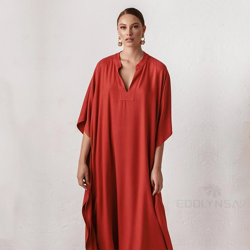 Long Red Kaftan Plus Size V-neck Maxi Dress Summer Clothing Women Beach Wear Swim Suit Cover Up robe de plage sarong Q1344