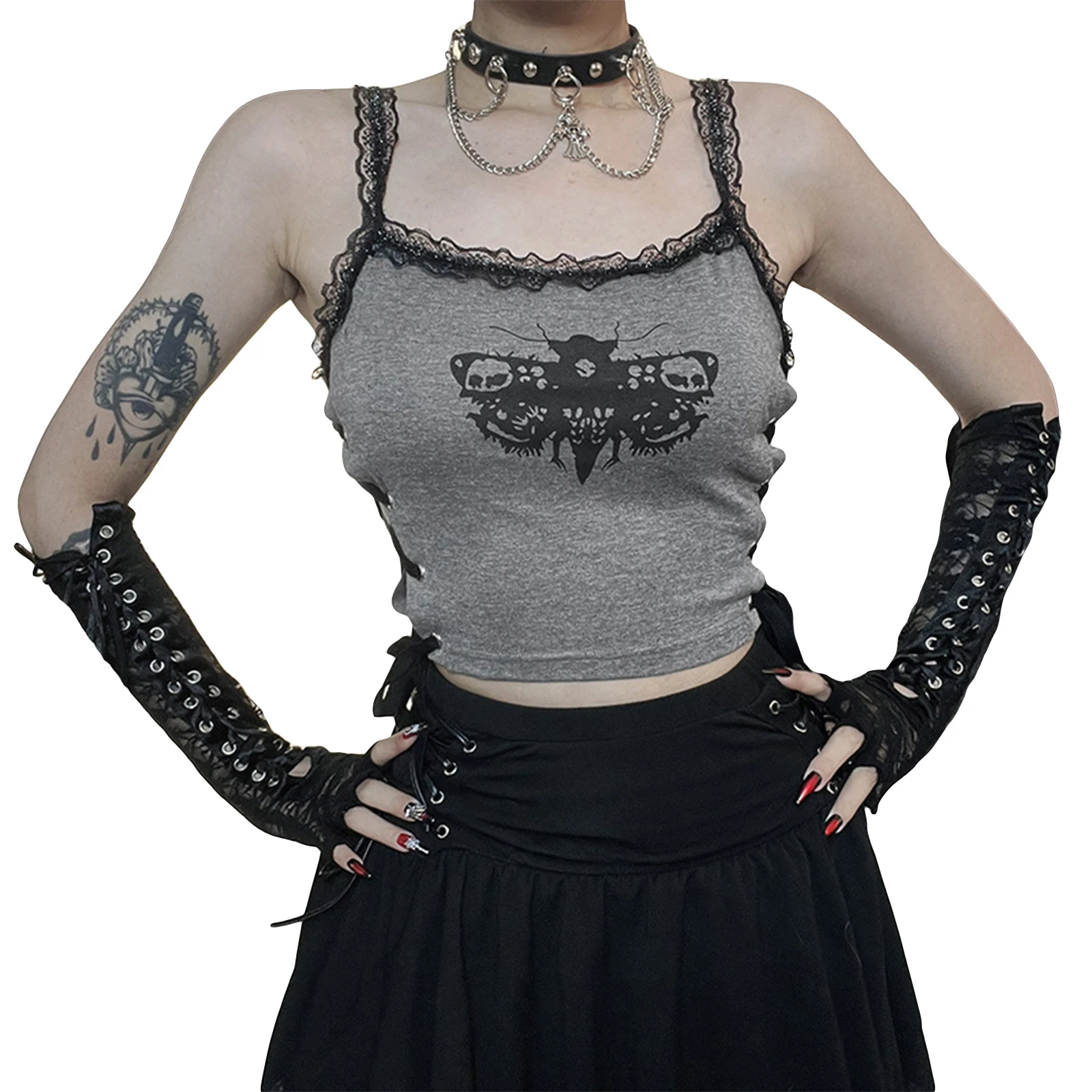 

Gothic Women's Slim Fit Camisole Sleeveless Tops Fashion Tie-up Butterfly Bat Print Lace Patchwork Summer Vest Club Streetwear