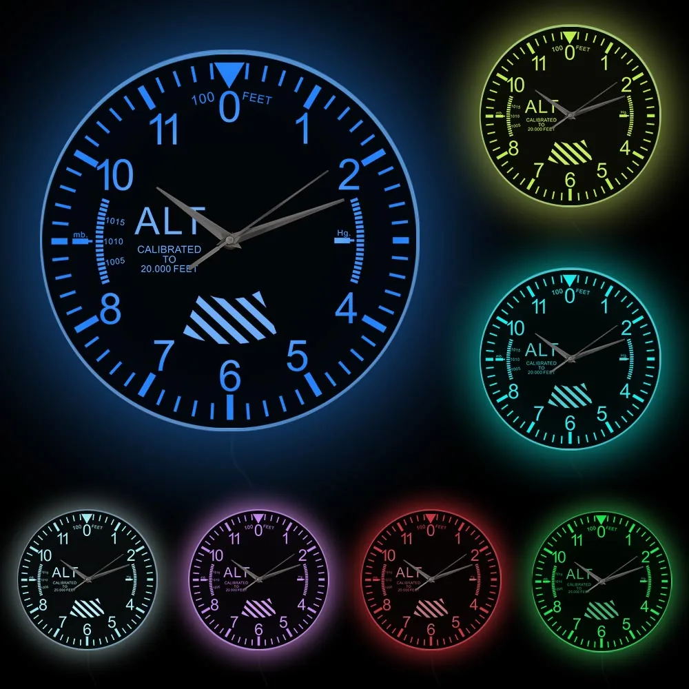 Black Altimeter Round Wall Clock remote control White Frame With LED  