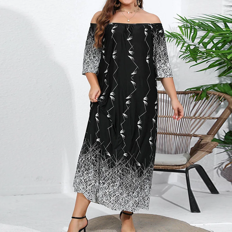 Plus Size Clothes One Word Collar Casual Vacation Loose Fitting Half Sleeve Retro Printed Backless Ice Silk Female Long Dress