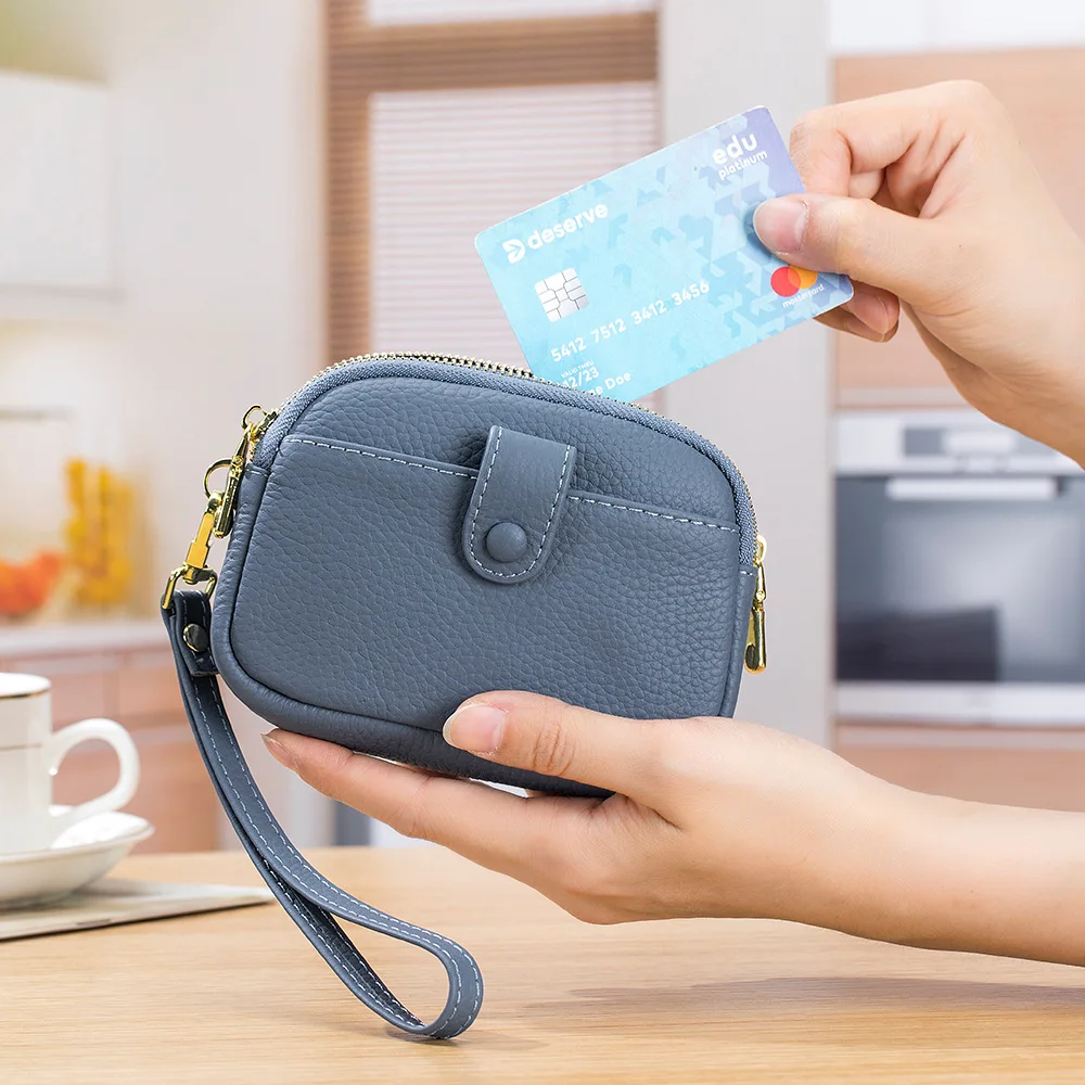 Leather Coin Purse Multifunctional Mini Wristlet Clutch Wallet for Women Leather Wristband Double Zip Around Small Change Pouch