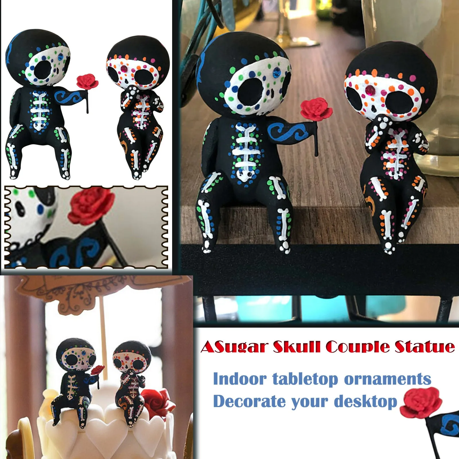 2pcs/set Lovers Couple Miniature Mini Doll Sugar Skull Couple Statue Cute Resin Crafts Home Decoration Accessories Ornaments