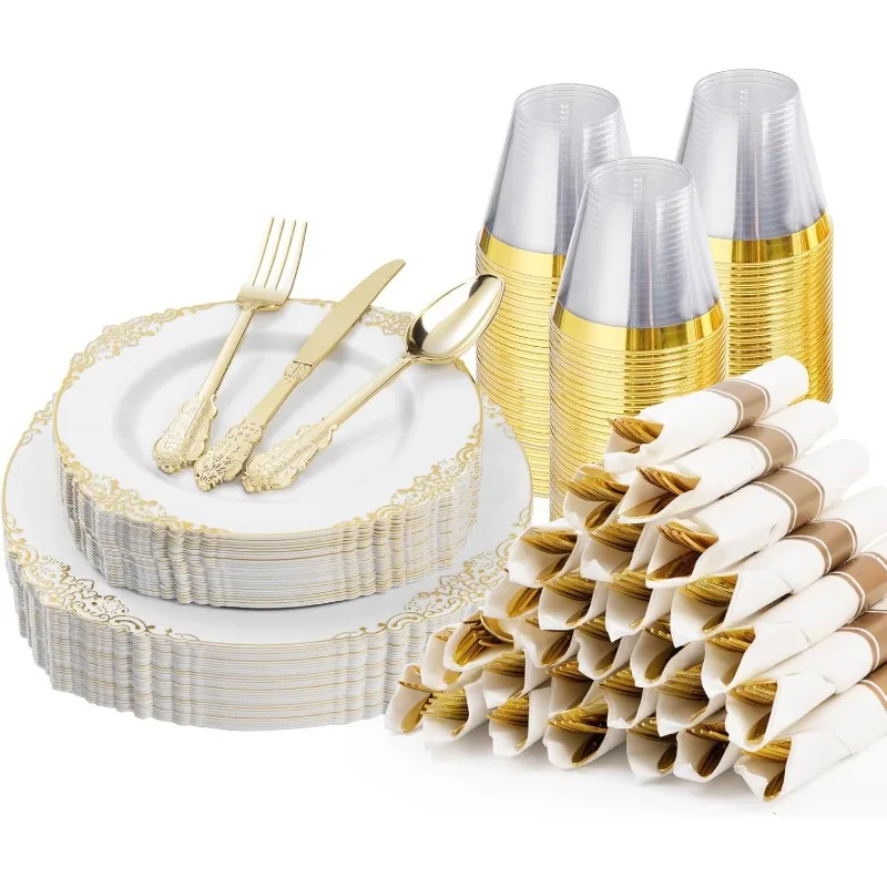 Description Picture 3 of item175PCS Plastic Plates for 25 Guests, Disposable Dinnerware Sets Include 50 Rim Plastic Plates, Silverware, Pre Rolled Napkins