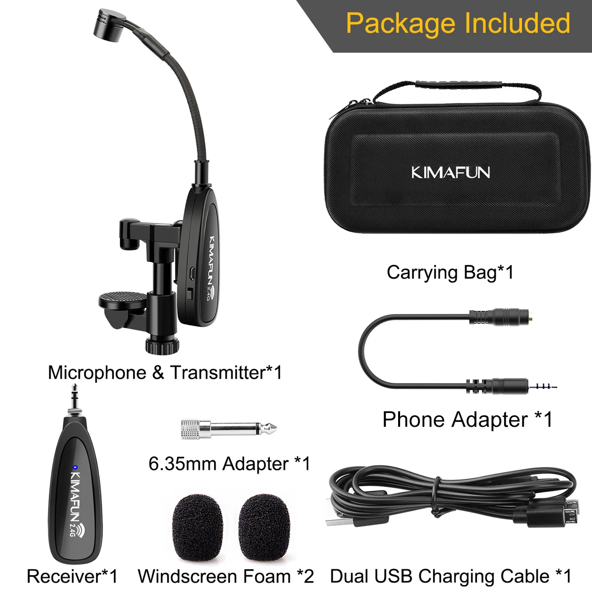 KIMAFUN Violin Microphone Wireless 2.4G Gooseneck Pick Up Instrument Clip-on Mic Receiver and Transmitter System for Violin