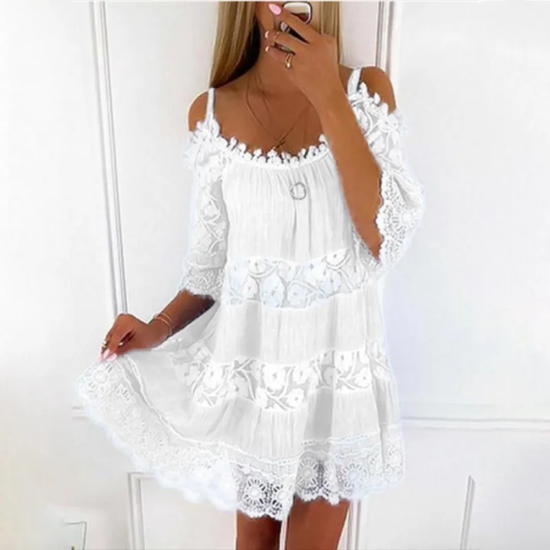 

Women Summer Lace Embroidery Mini Dresses Elegant Off Shoulder Sling Princess Dress Casual Solid Loose Pattern Party Dress