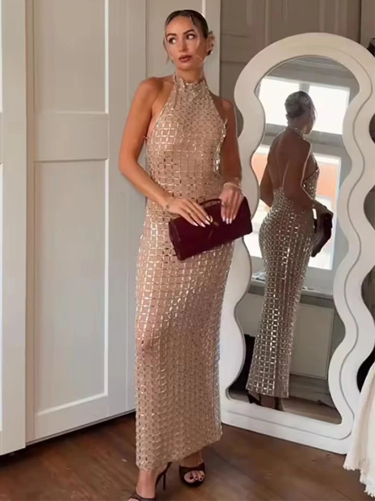 Halter Sequined Midi Dress Women Sexy Mesh Sleeveless Backless Waist Cinching Evening Party Dresses Chic Elegant Lady Robes