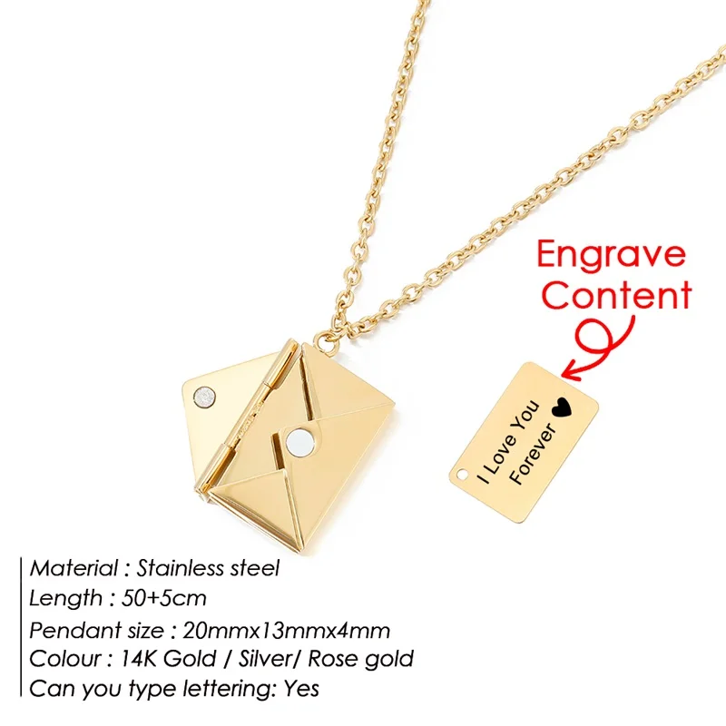 krui Ciondolo A Forma di Busta con Lettera d'Amore, Collana Personalizzata in Acciaio Inossidabile, Regalo Personalizzato con Ritratto di Animale Domestico (Or Rose,Texte