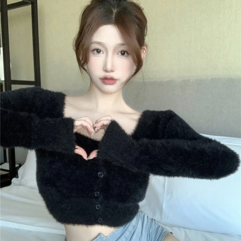 여성용 긴팔 스퀘어 칼라 스웨터, 크롭탑, 단추 전면 퍼지 니트 가디건
