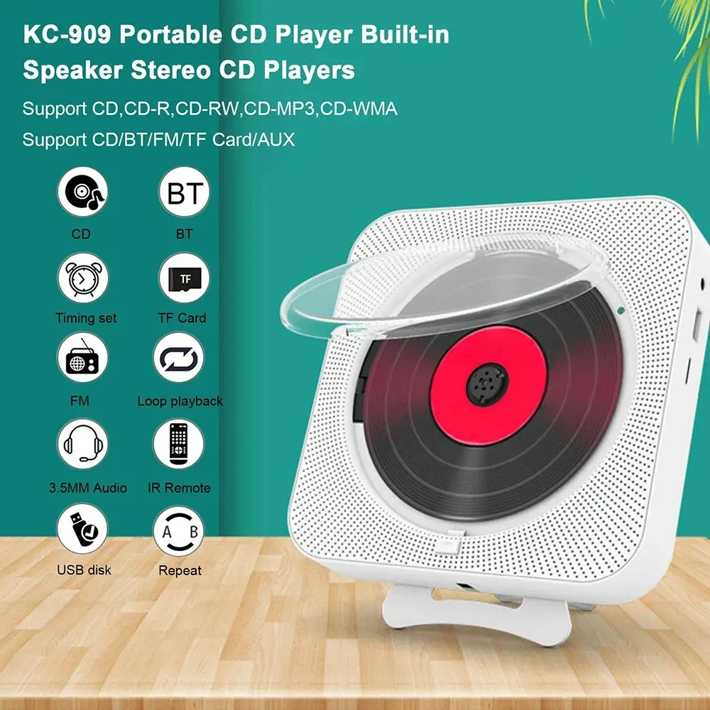 Portable CD Player Bluetooth Speaker Stereo CD Players LED Screen Wall Mountable Music Player with IR Remote Control FM Radio
