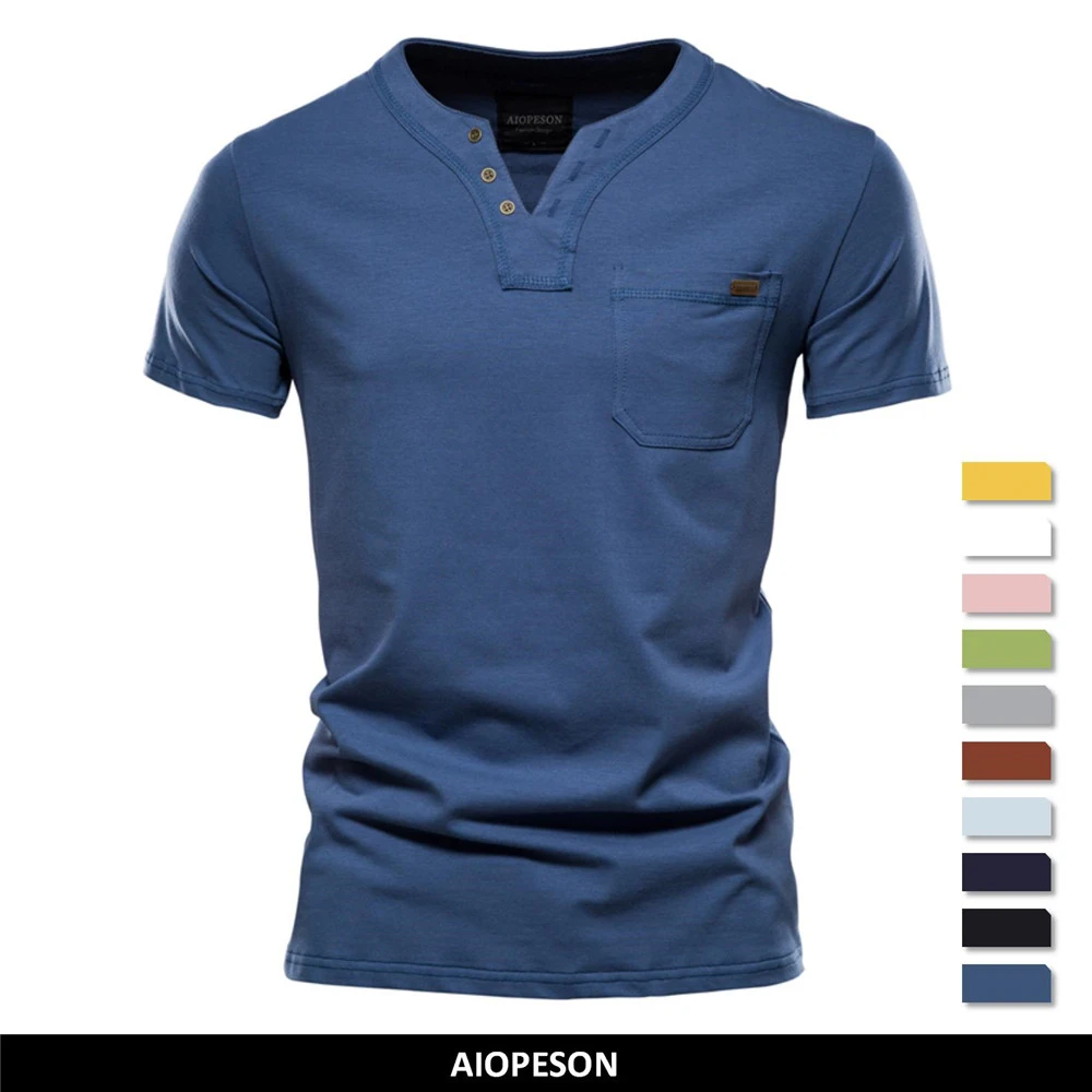 2021 Summer Top Quality Cotton T Shirt Men Solid Color Design V neck T