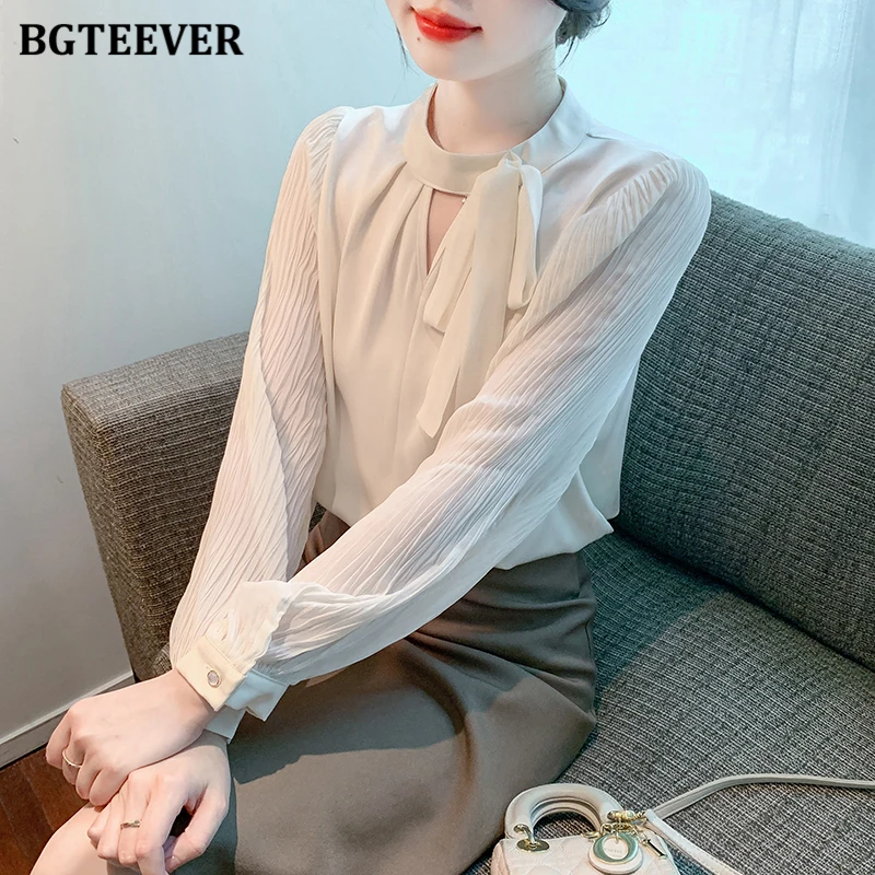 

BGTEEVER Chic Stylish Bow Women Solid Blouses Elegant Long Sleeve Loose Female Pullovers Shirts Tops Spring Ladies Blusas