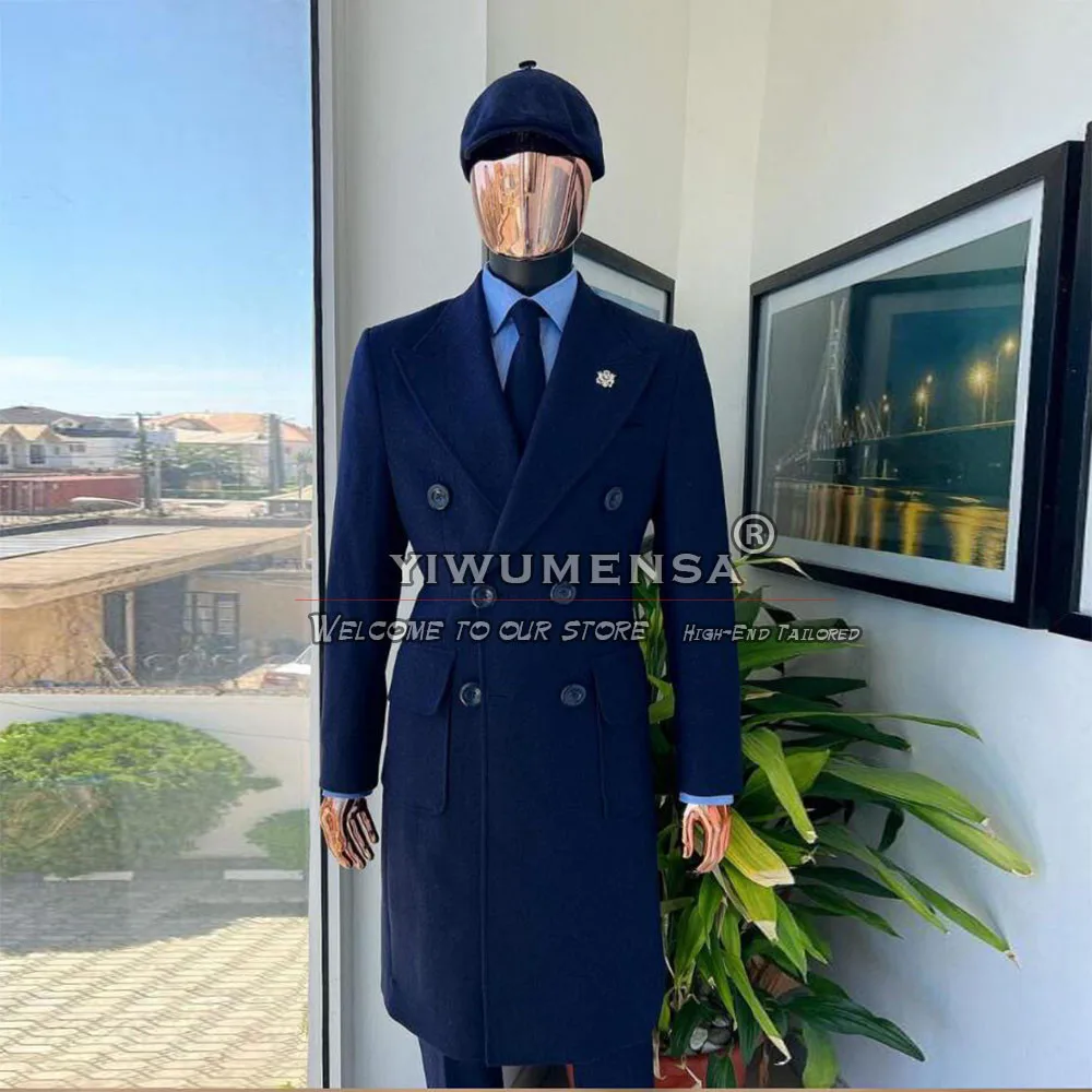 

Navy Blue Suit Jackets For Men Double Breasted Blend Trench Coat Long Custom Made Tweed Woolen Overcoat Groom Tuxedos Outwear